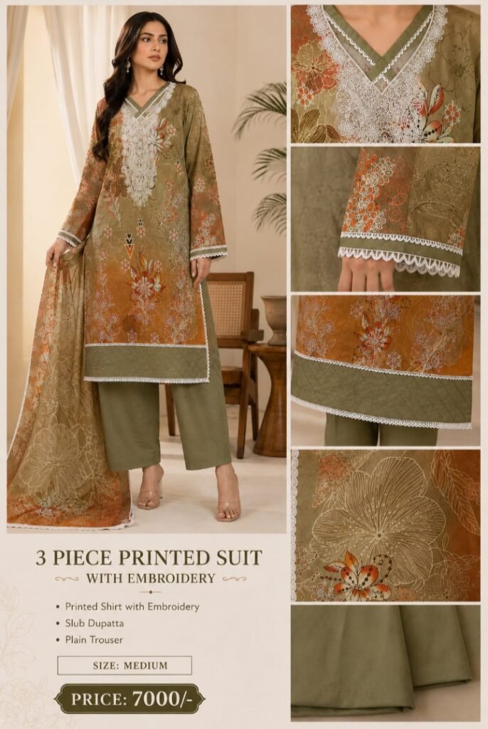 3 piece printed suit with embroidery