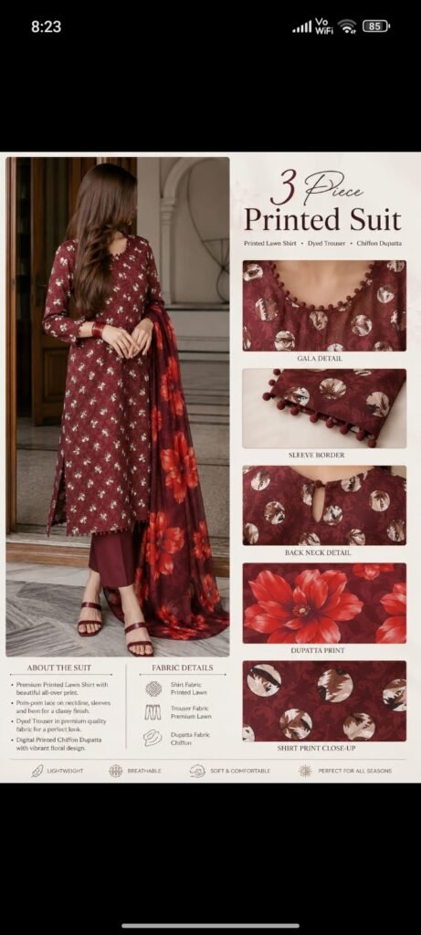 Maroon 3 piece lawn suit with shiffon duppata