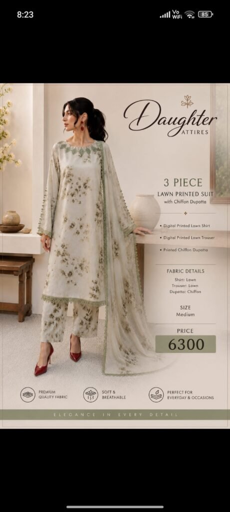 3 piece printed lawn suit with chiffon dupatta