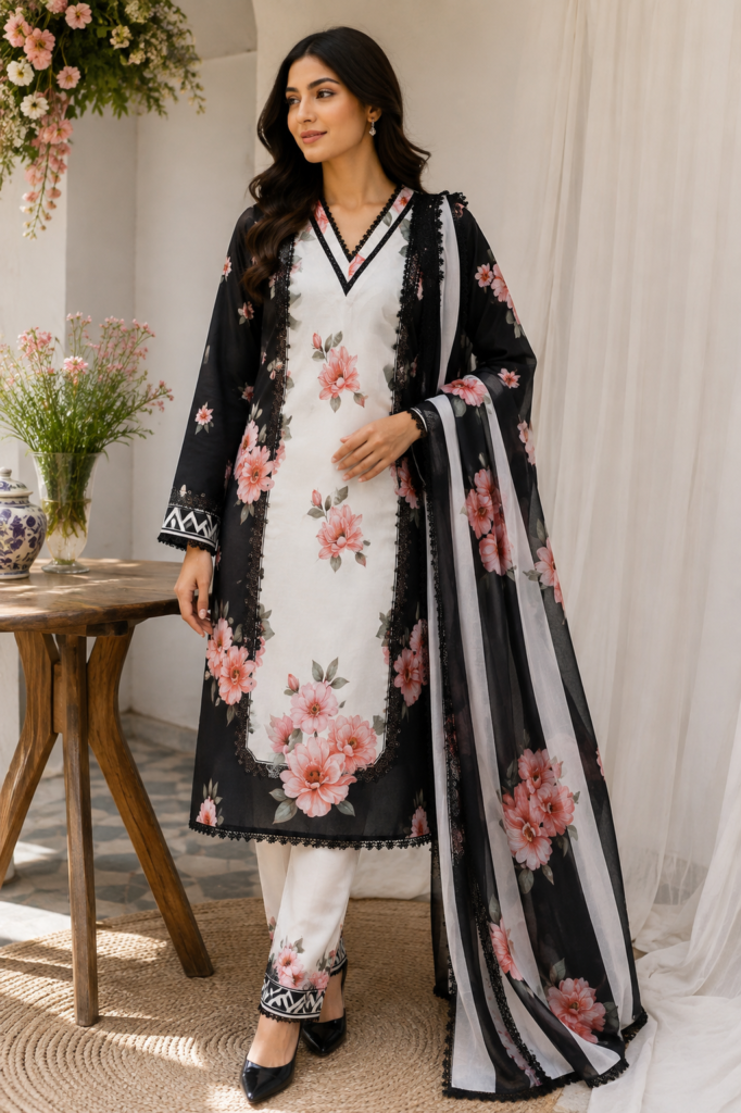 Elegant Black & White Slub Lawn Suit